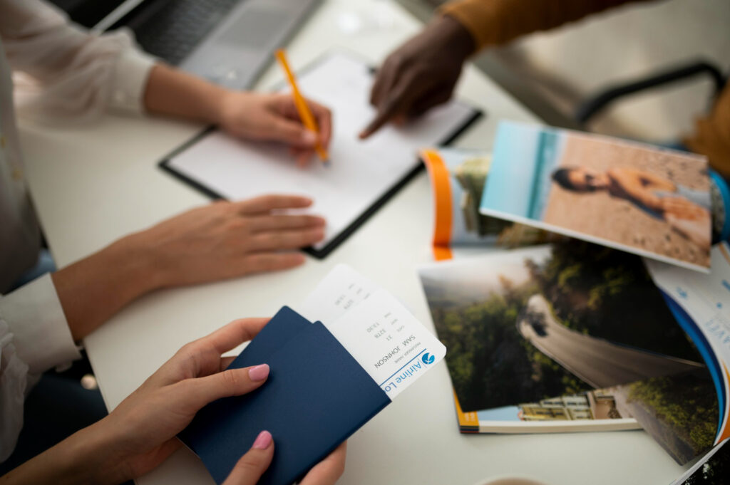 Travel agent assisting client with Australian visa application.