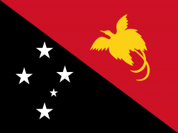 Flag of Papua New Guinea: black and red diagonal stripes, five white stars, and a golden bird of paradise.