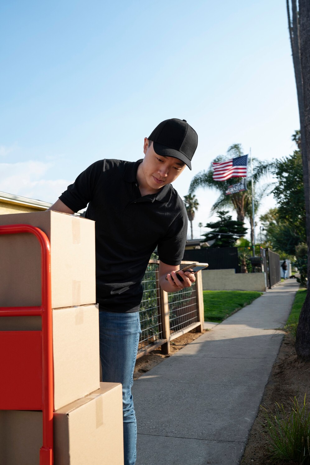 Delivery driver checking address on phone