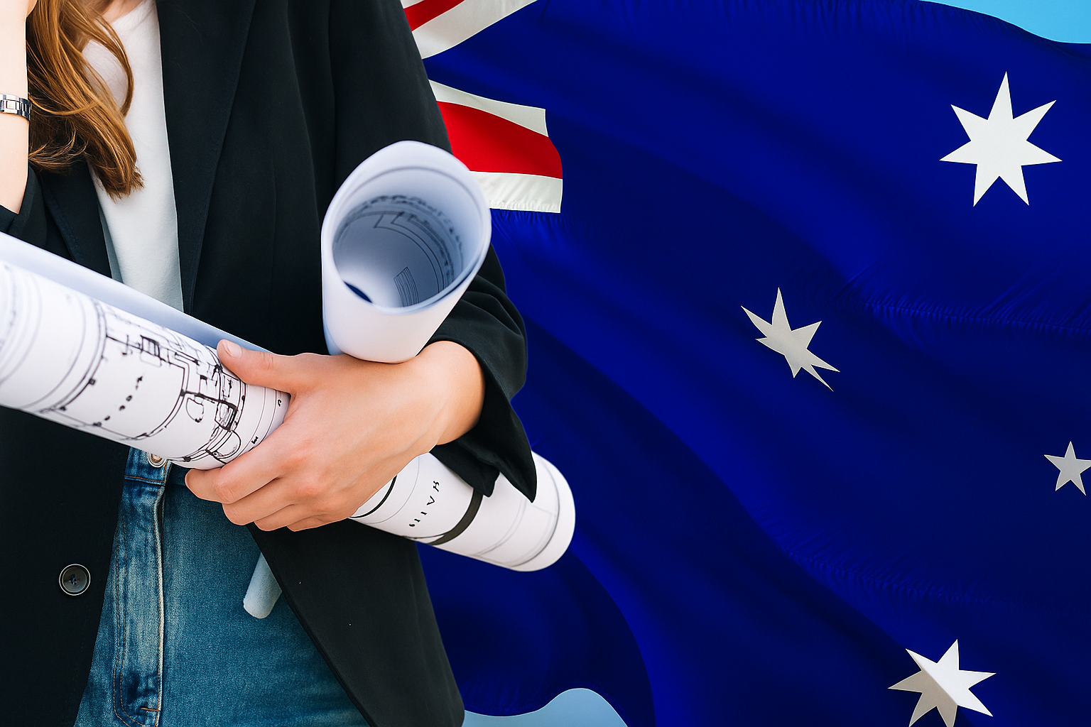 Architect holding blueprints against Australian flag. Addressing skilled trade shortage with international graduates.