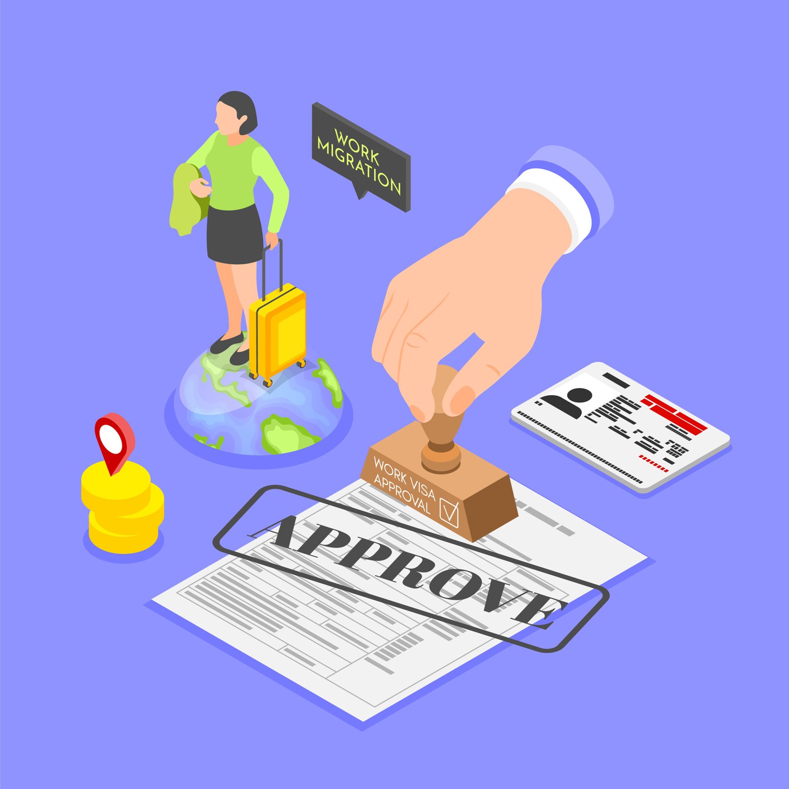 Work migration visa approval: Woman with luggage, globe, form stamped "APPROVED.