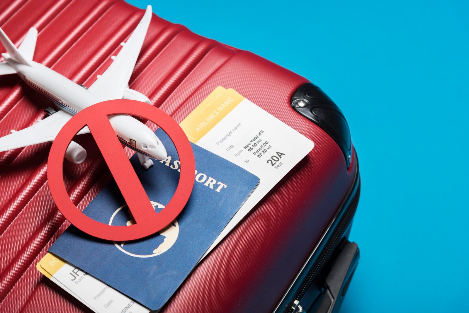 Red suitcase with a toy airplane and passport with a "no" symbol. Travel ban concept.