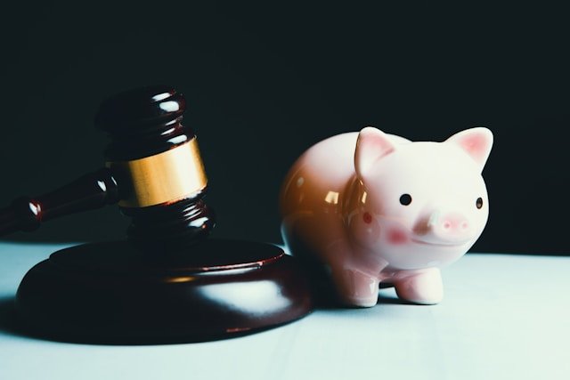 Gavel and piggy bank symbolizing legal costs in a migration appeal.
